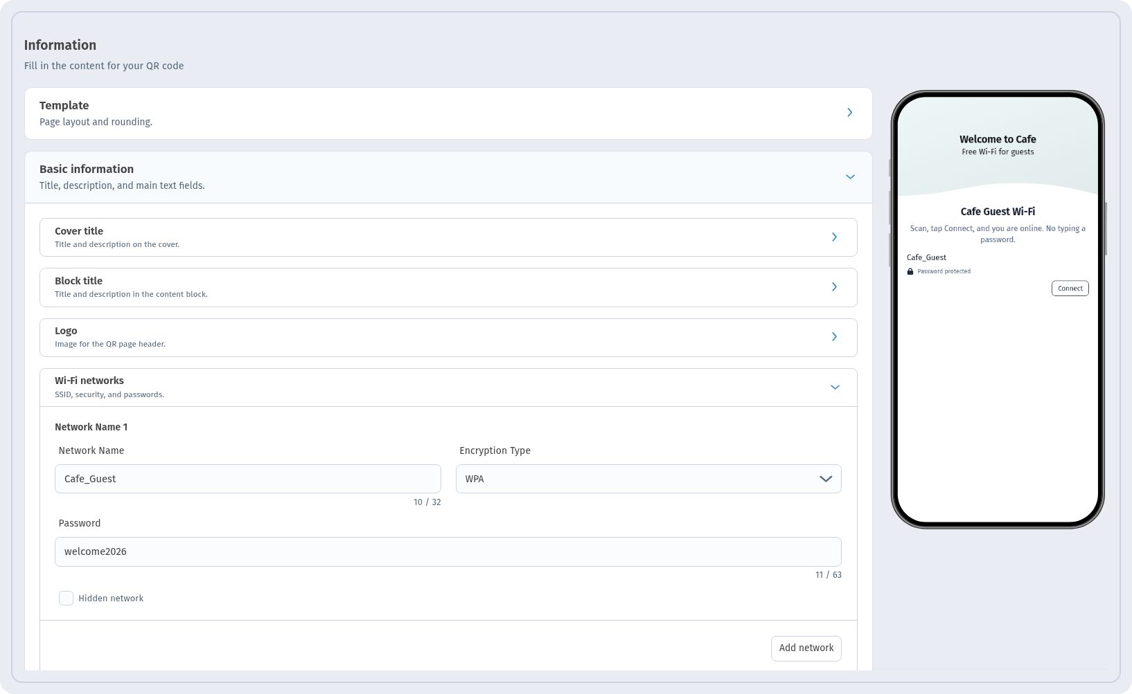Dynamic WiFi QR code in WebQR: Information step with network fields and a phone preview of the guest page