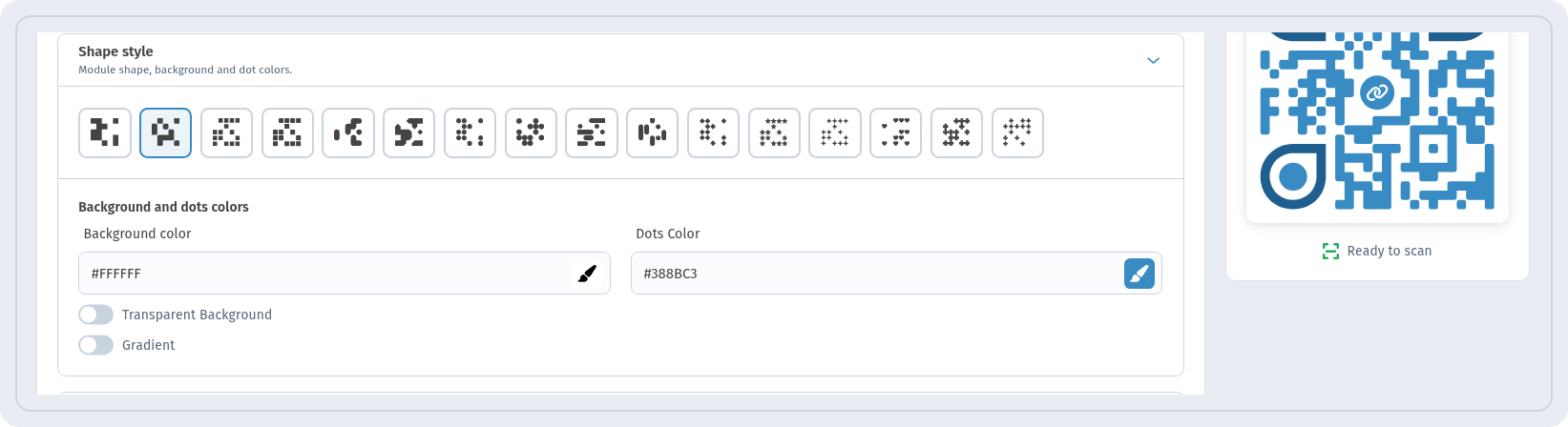 Shape style section in WebQR with dot style icons, Background color, Dots Color, Transparent Background and Gradient toggles