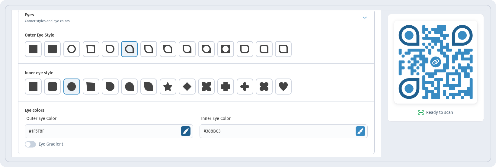 Eyes section in WebQR with Outer Eye Style and Inner eye style options, Outer Eye Color, Inner Eye Color and Eye Gradient toggle