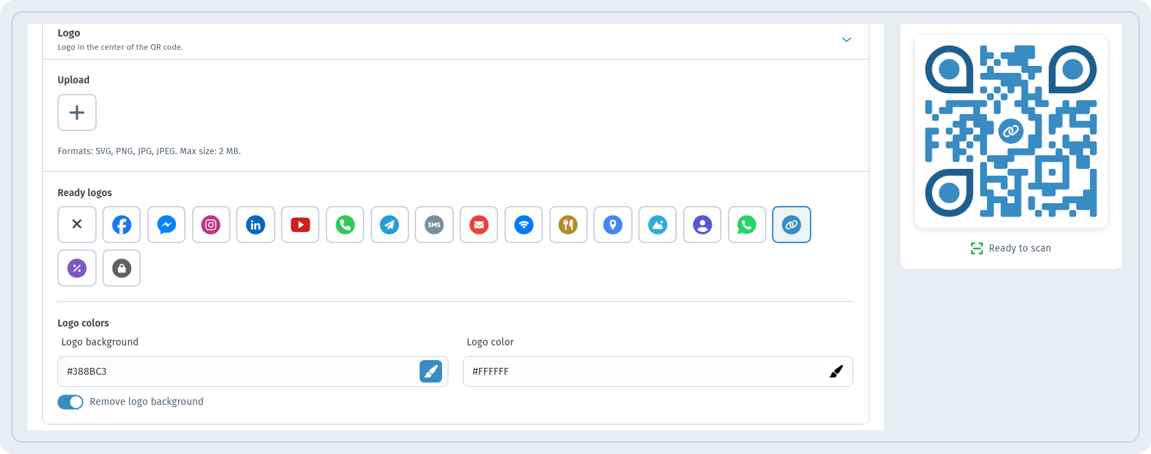 Logo section in WebQR with Upload, Ready logos, Logo background and Logo color settings and a chain-link logo in the preview