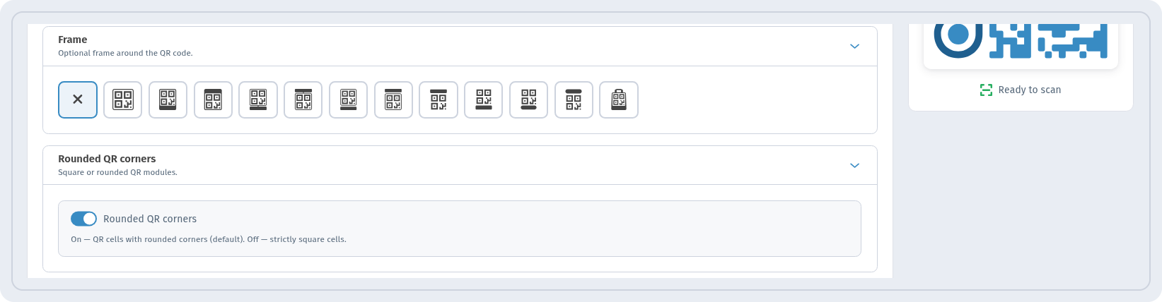 Frame section in WebQR with frame styles and Text Under QR Code field, plus the Rounded QR corners toggle