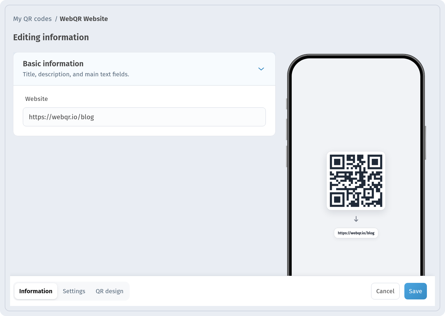 Editing information page in WebQR with the Website field containing a new URL, the updated preview and the Information, Settings and QR design tabs