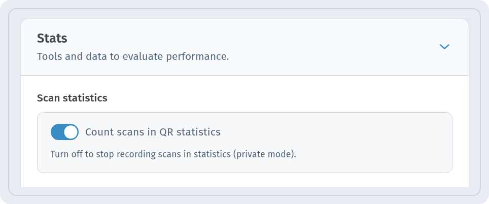 Stats section on the Settings tab in WebQR with the Count scans in QR statistics toggle