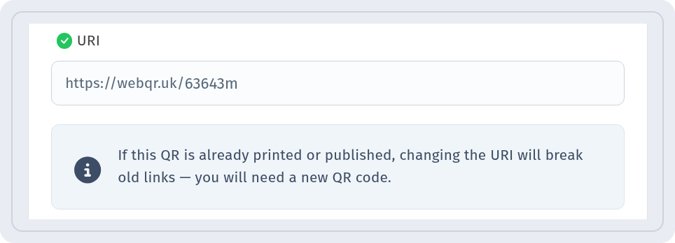 URI field with the short link of a QR code in WebQR and the warning that changing the URI breaks old links