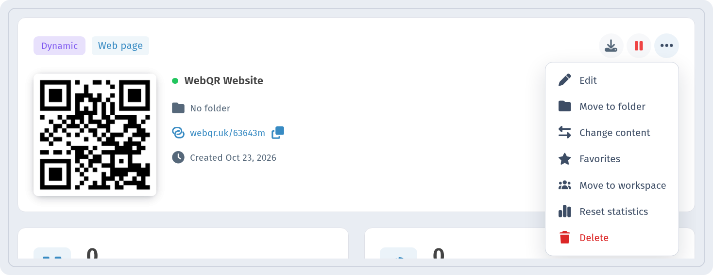 Dynamic QR code card on the analytics page in WebQR with the pause icon and the menu including Reset statistics