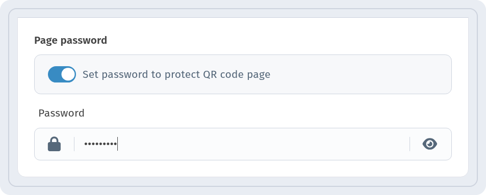 Page password block in WebQR settings with the protection toggle on and a filled Password field with an eye icon