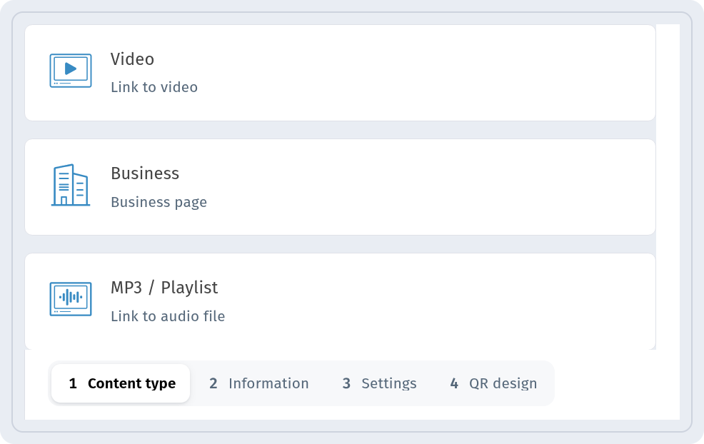 Content type list in WebQR with the Business card and the four-step bar below