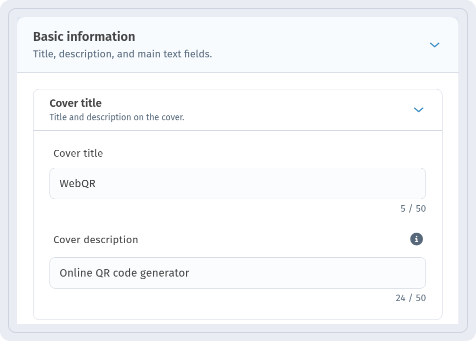 Basic information section with Cover title WebQR and Cover description Online QR code generator