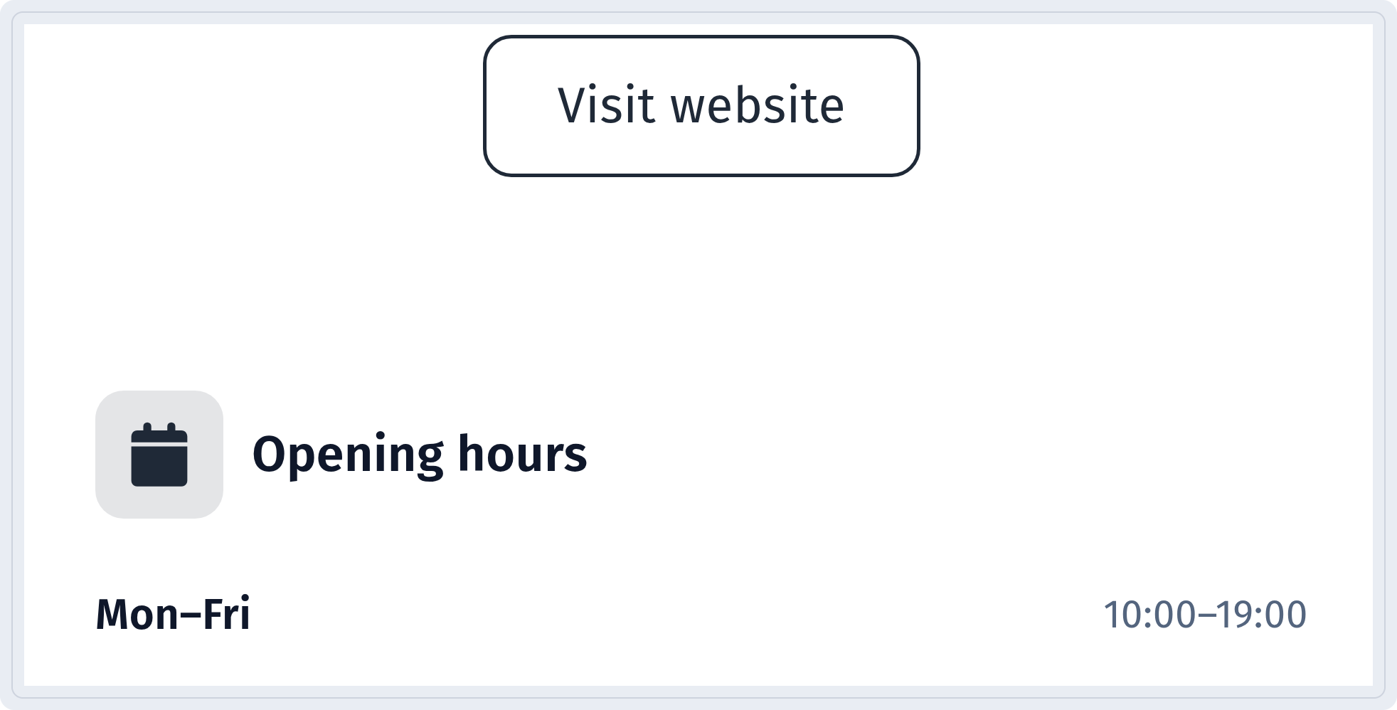 Business page on a phone with the Visit website button and opening hours Mon–Fri 10:00–19:00