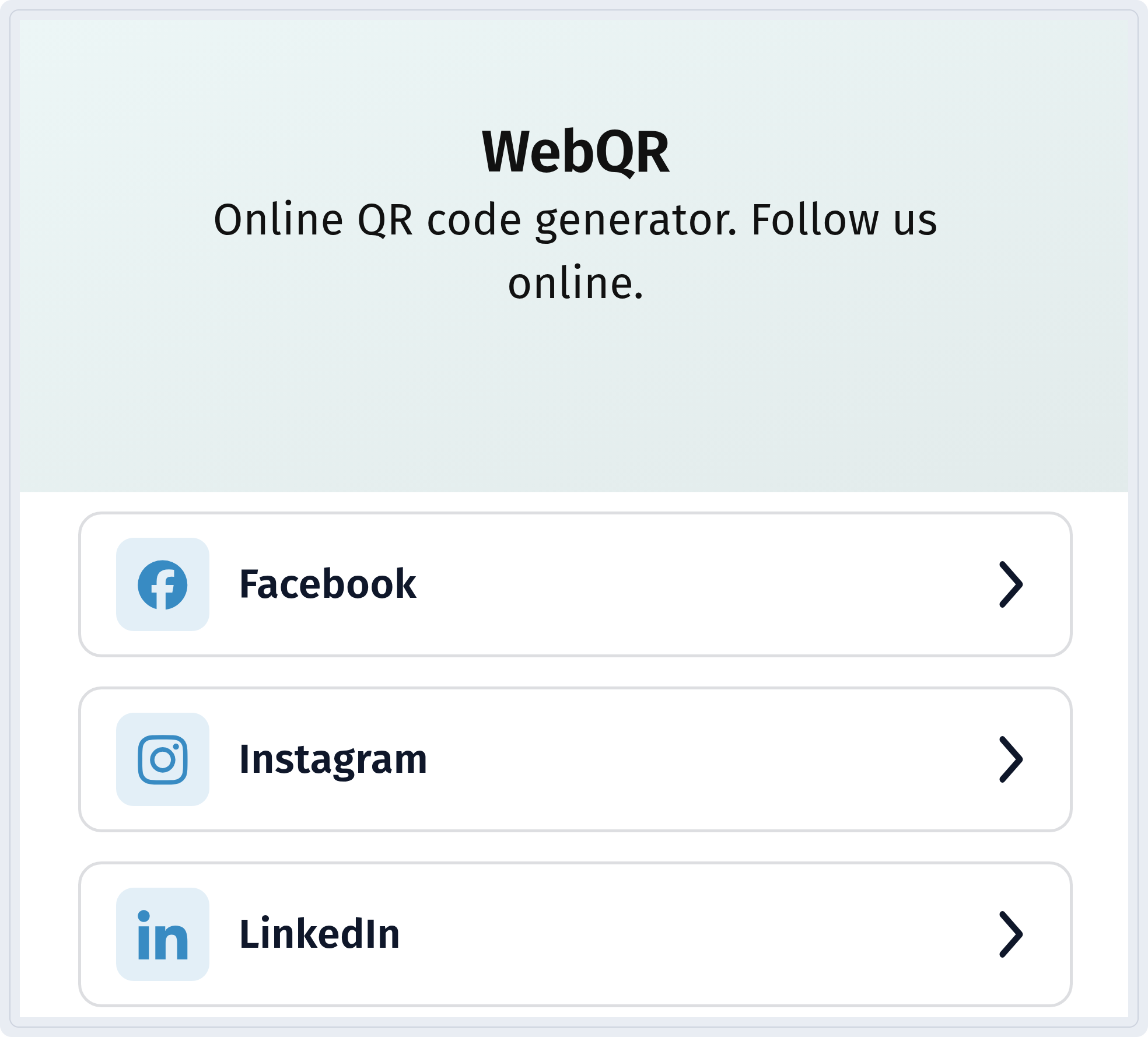 Страница соцсетей на телефоне с заголовком WebQR, описанием и кнопками Facebook, Instagram и LinkedIn