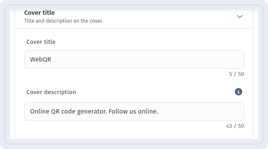 Cover title section with Cover title WebQR and Cover description Online QR code generator. Follow us online.