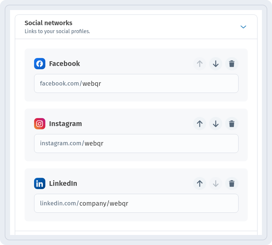 Social networks block with Facebook facebook.com/webqr, Instagram instagram.com/webqr and LinkedIn linkedin.com/company/webqr