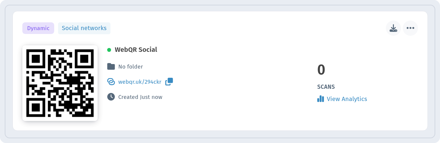 WebQR Social card in My QR codes marked Dynamic and Social networks with a View Analytics link