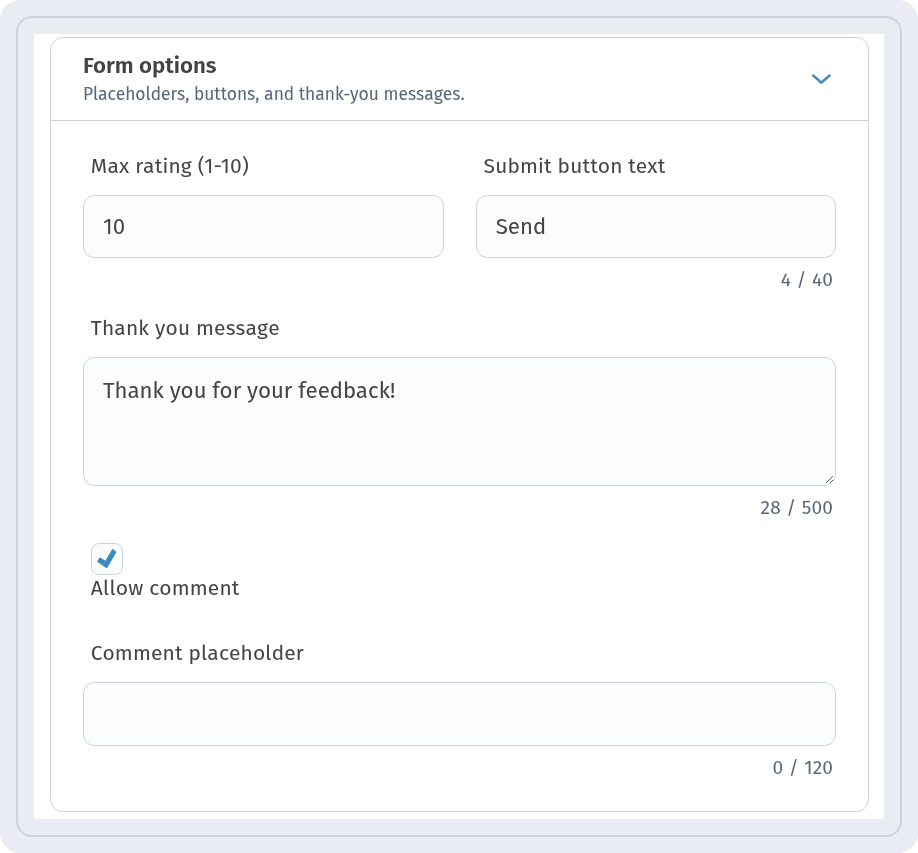 Form options block with Max rating 10, Submit button text Send, Thank you message and the Allow comment checkbox turned on