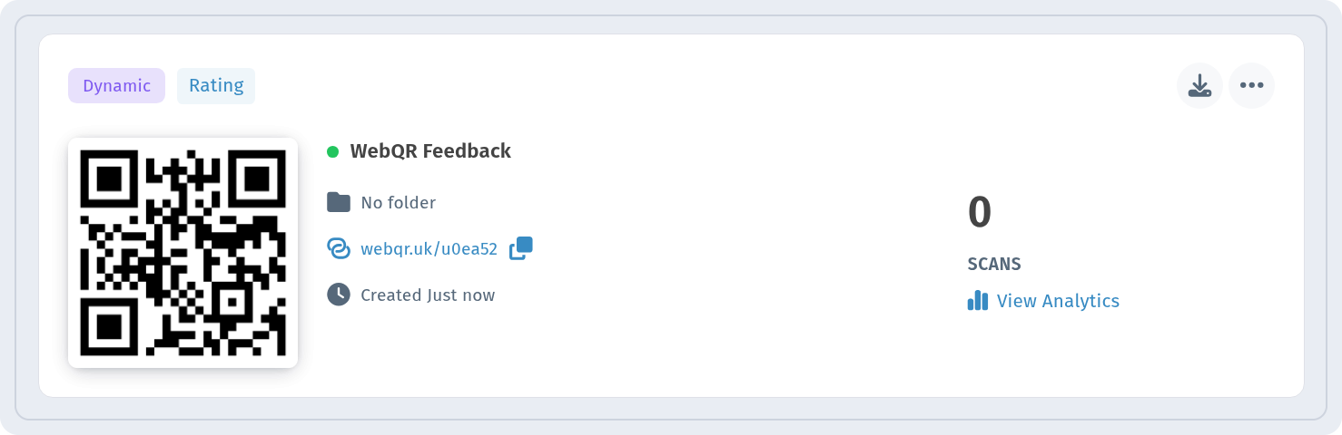 WebQR Feedback card in My QR codes marked Dynamic and Rating with a View Analytics link