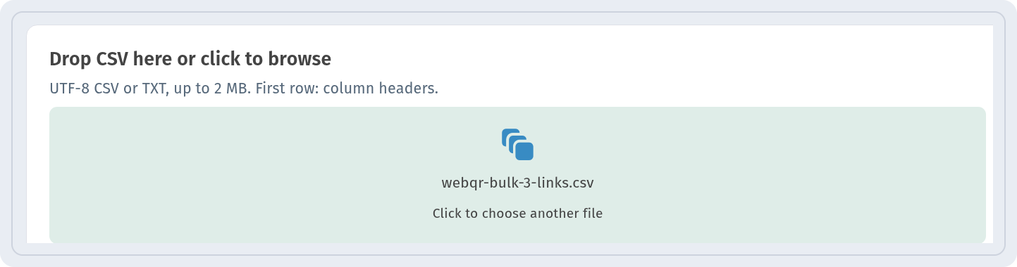 Drop CSV here or click to browse area with the uploaded webqr-bulk-3-links.csv file
