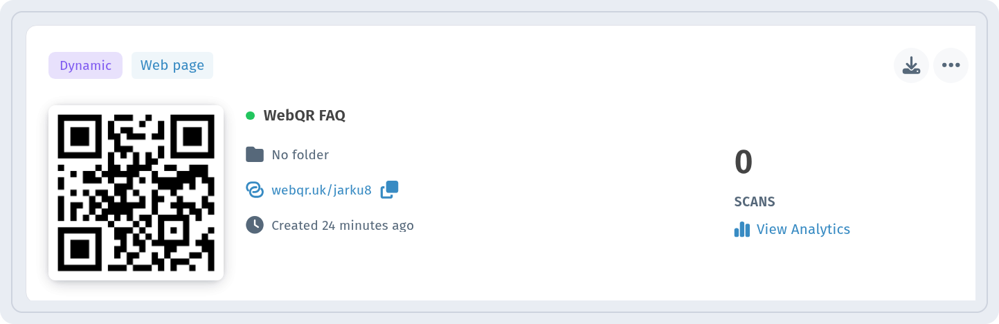 WebQR FAQ card in My QR codes marked Dynamic and Web page with a View Analytics link