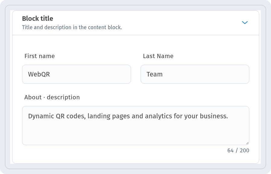 Block title with First name WebQR, Last Name Team and the About · description field