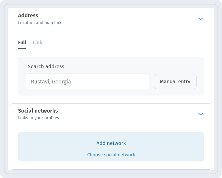 Address block with the Full and Link tabs and the Social networks block with Add network