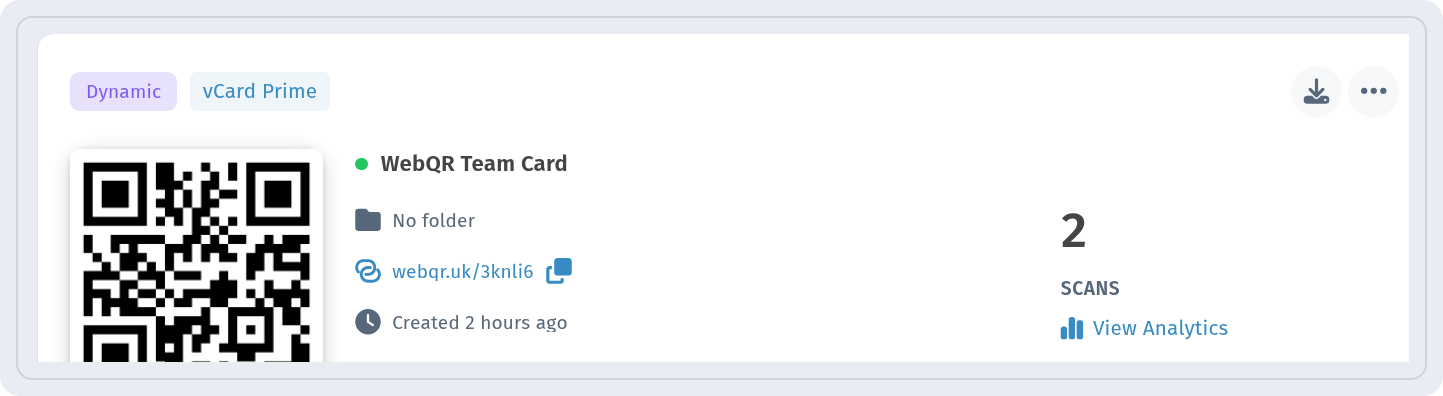 WebQR Team Card in My QR codes marked Dynamic and vCard Prime with a View Analytics link