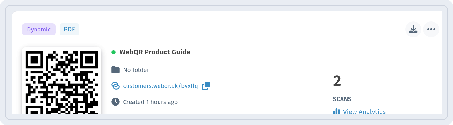 WebQR Product Guide card in My QR codes marked Dynamic and PDF with a View Analytics link