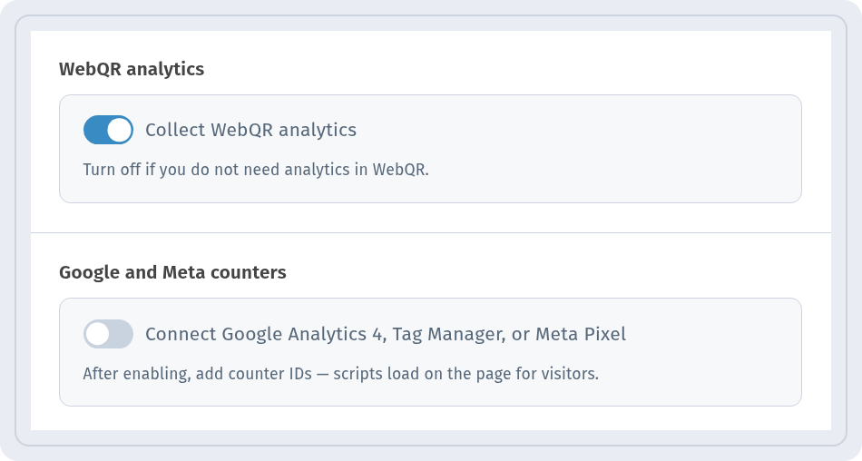 Stats settings with Collect WebQR analytics on and the Connect Google Analytics 4, Tag Manager, or Meta Pixel toggle off