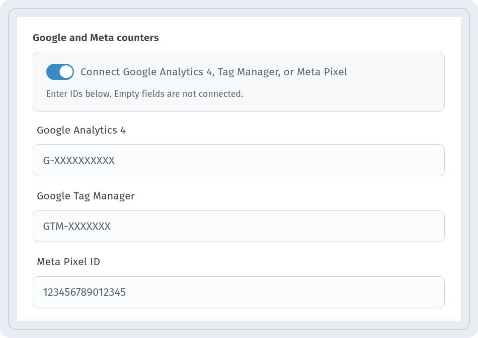 Connect Google Analytics 4, Tag Manager, or Meta Pixel toggle on with empty fields Google Analytics 4, Google Tag Manager and Meta Pixel ID