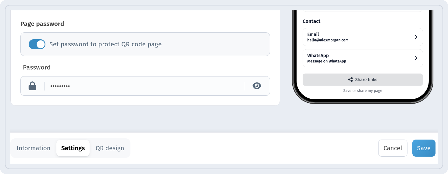 Edit form of a QR code on the Settings tab with the Page password block and the Cancel and Save buttons