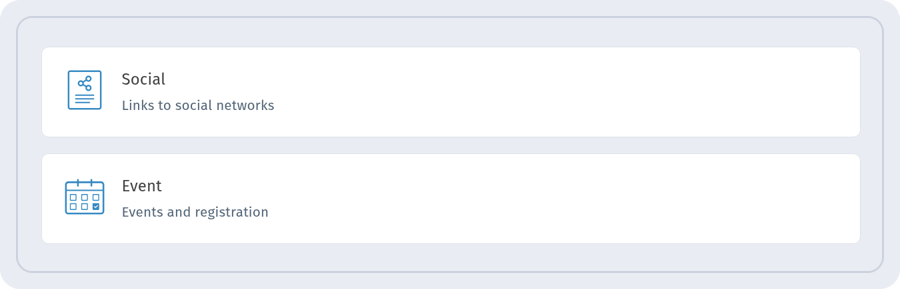 Content type list with the Social card and the Event card captioned Events and registration
