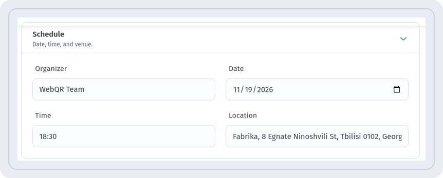 Schedule section with Organizer WebQR Team, Date 11/19/2026, Time 18:30 and Location Fabrika, Tbilisi
