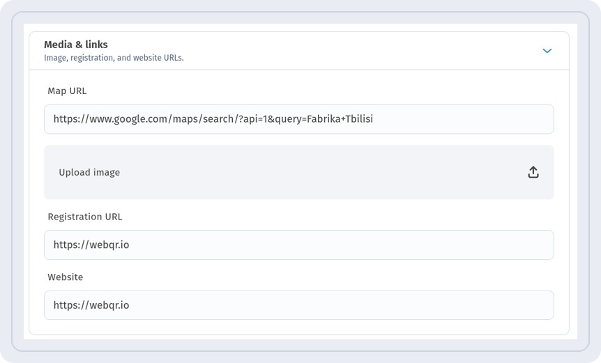 Media & links section with Map URL, Upload image, Registration URL and Website filled