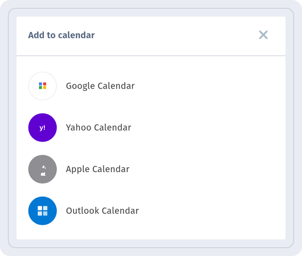 Add to calendar window with Google Calendar, Yahoo Calendar, Apple Calendar and Outlook Calendar