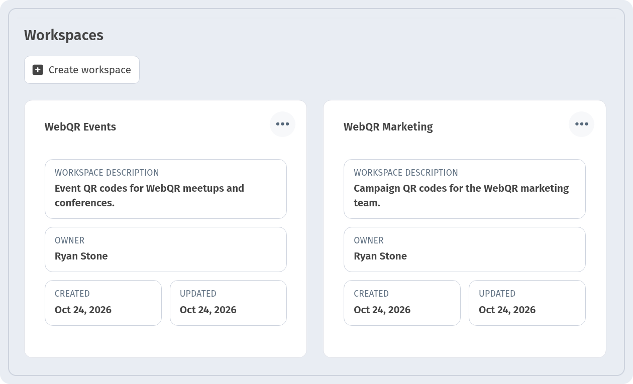 Workspaces page in WebQR with the Create workspace button and two workspace cards