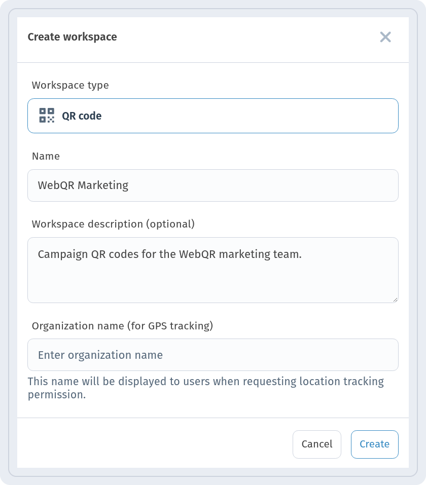 Create workspace window with Workspace type QR code, Name WebQR Marketing, a description and the Organization name field