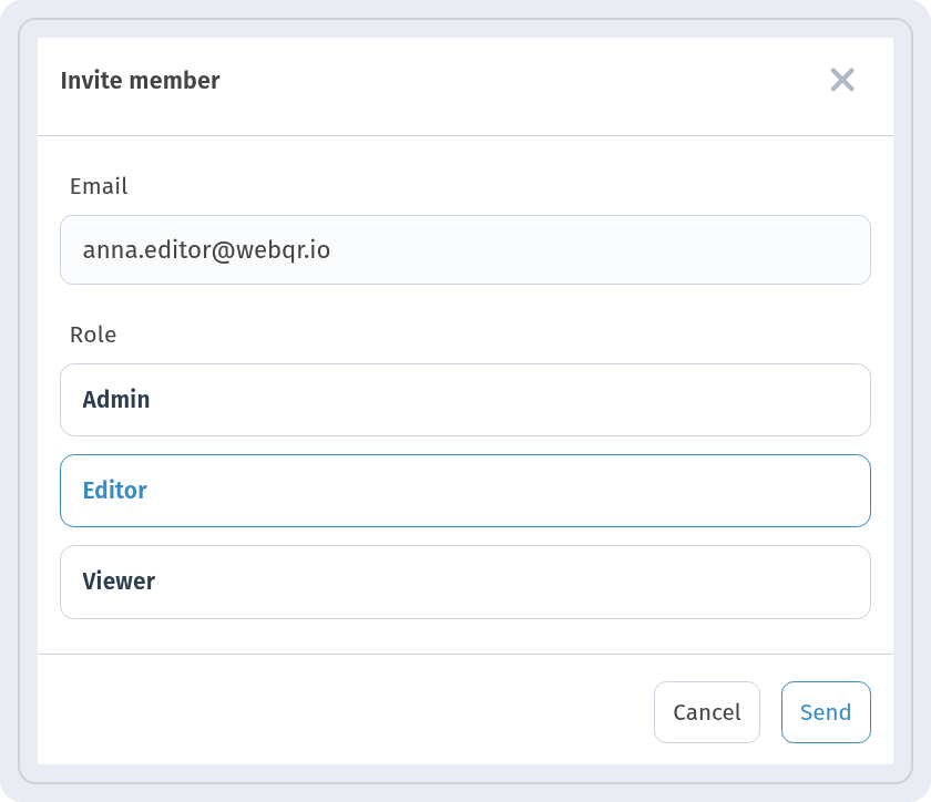 Invite member window with an Email field and the roles Admin, Editor and Viewer, Editor selected