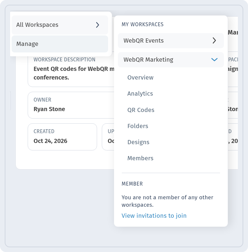 Workspace menu with All Workspaces, Manage and the WebQR Marketing sections Overview, Analytics, QR Codes, Folders, Designs and Members