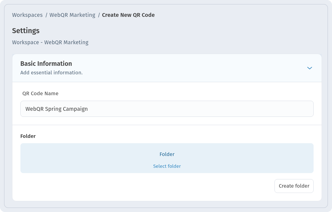 Settings step of the QR code builder with the line Workspace - WebQR Marketing and the QR Code Name WebQR Spring Campaign