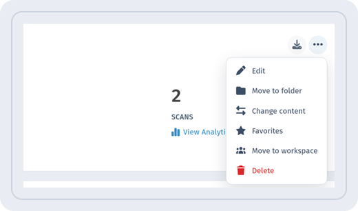 QR code card menu with Edit, Move to folder, Change content, Favorites, Move to workspace and Delete