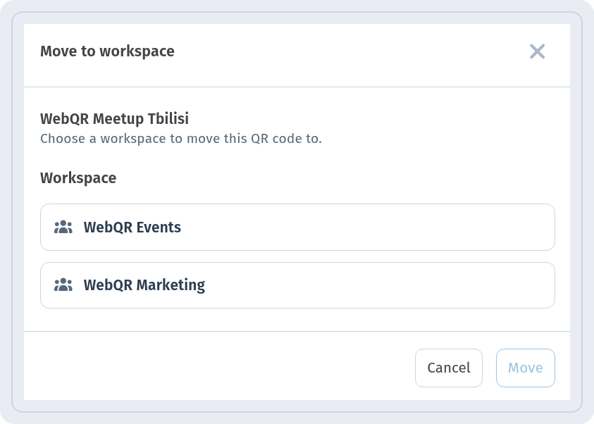 Move to workspace window for the WebQR Meetup Tbilisi code with the workspaces WebQR Events and WebQR Marketing