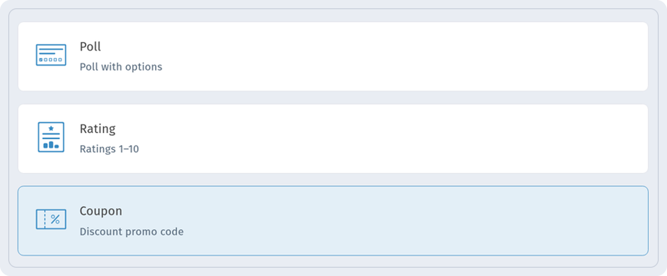 Content type list with the Poll, Rating and selected Coupon cards