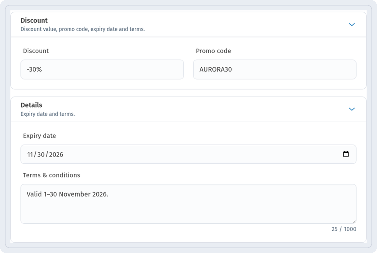 Discount section with -30% and promo code AURORA30, Details section with Expiry date 11/30/2026 and Terms & conditions