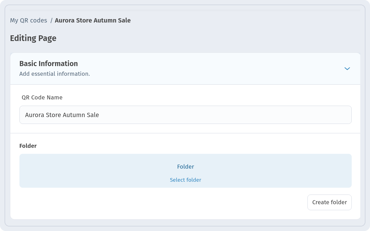 Editing Page with the Basic Information block: QR Code Name Aurora Store Autumn Sale and Folder