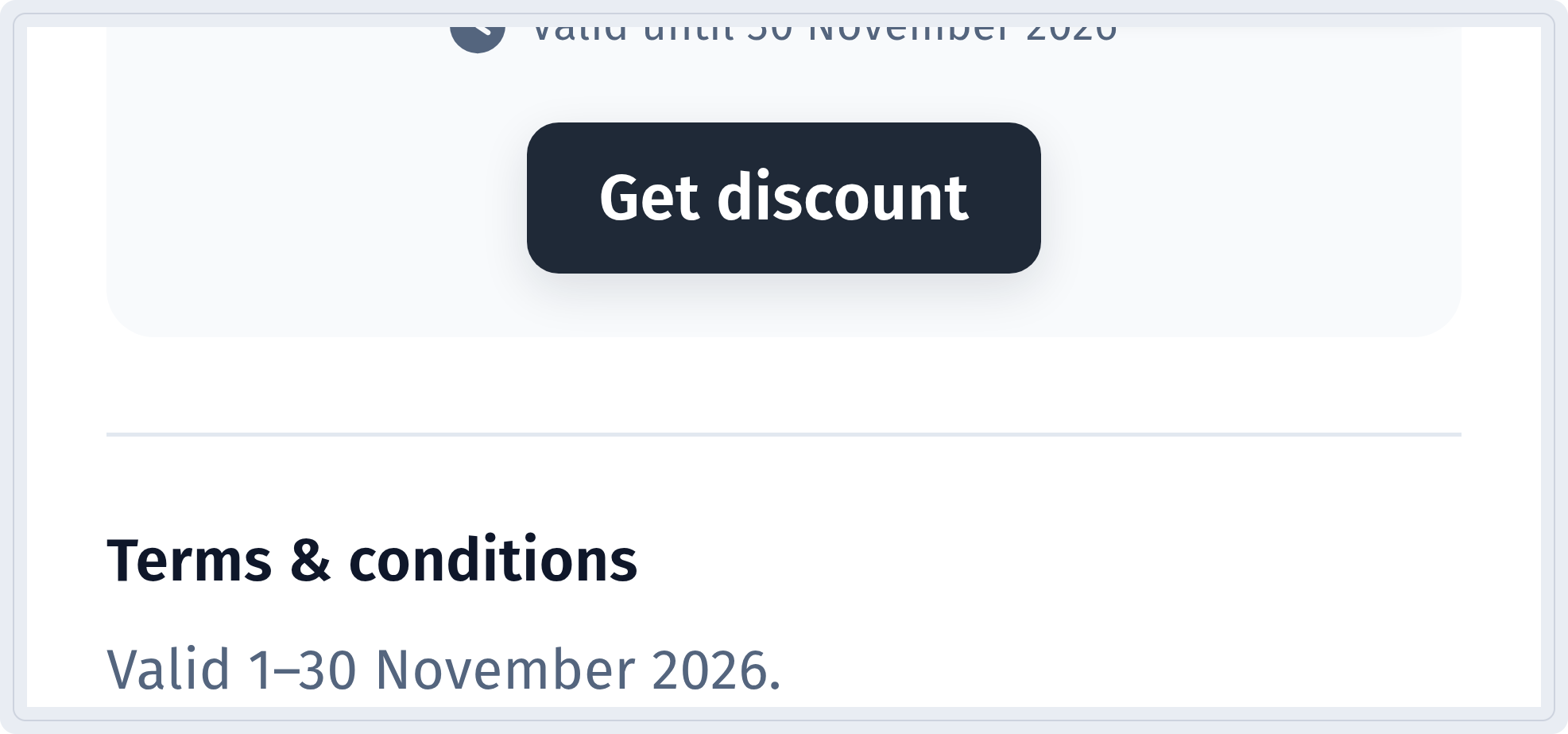 Get discount button and Terms & conditions block with Valid 1–30 November 2026.
