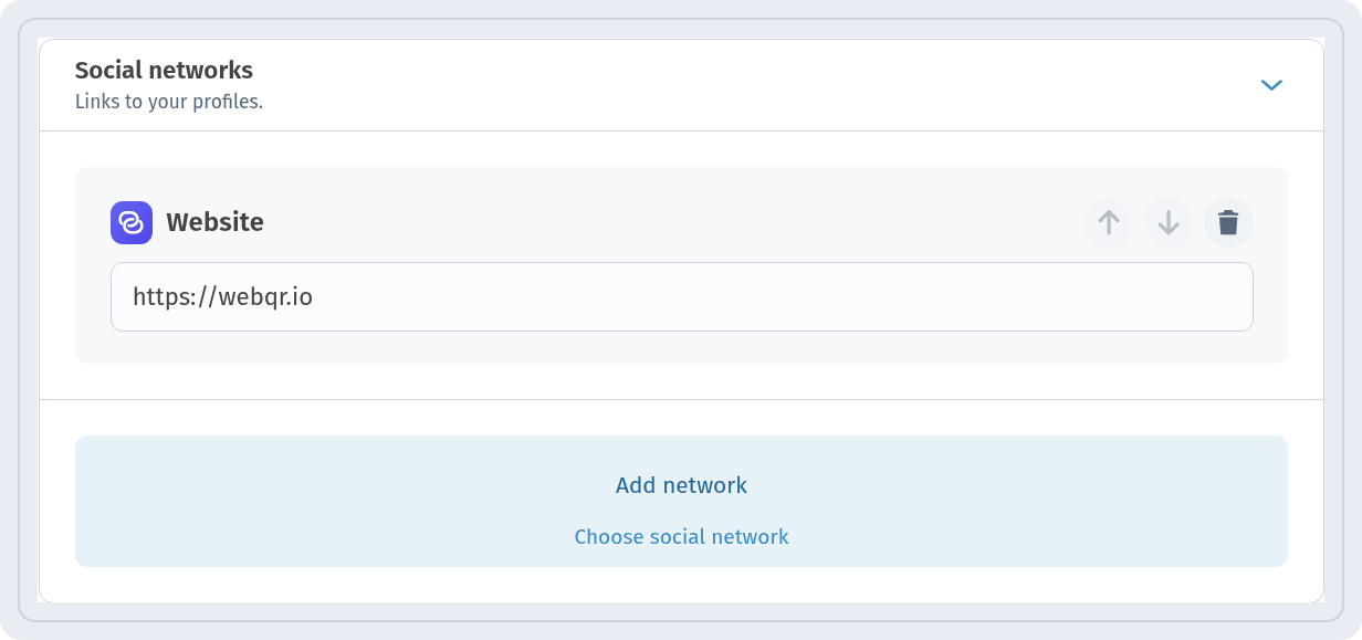 Social networks block with a Website link to https://webqr.io and the Add network button