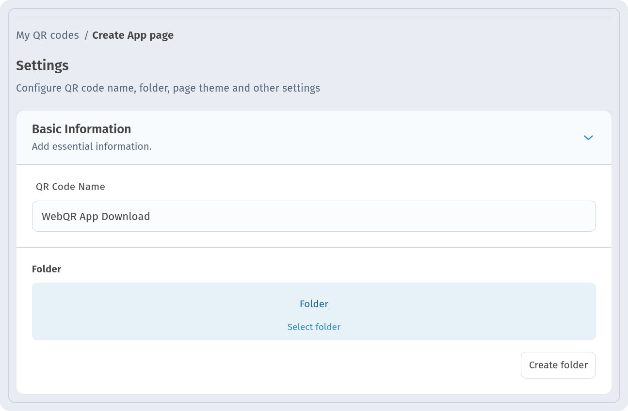 Settings step with QR Code Name WebQR App Download and the Folder field