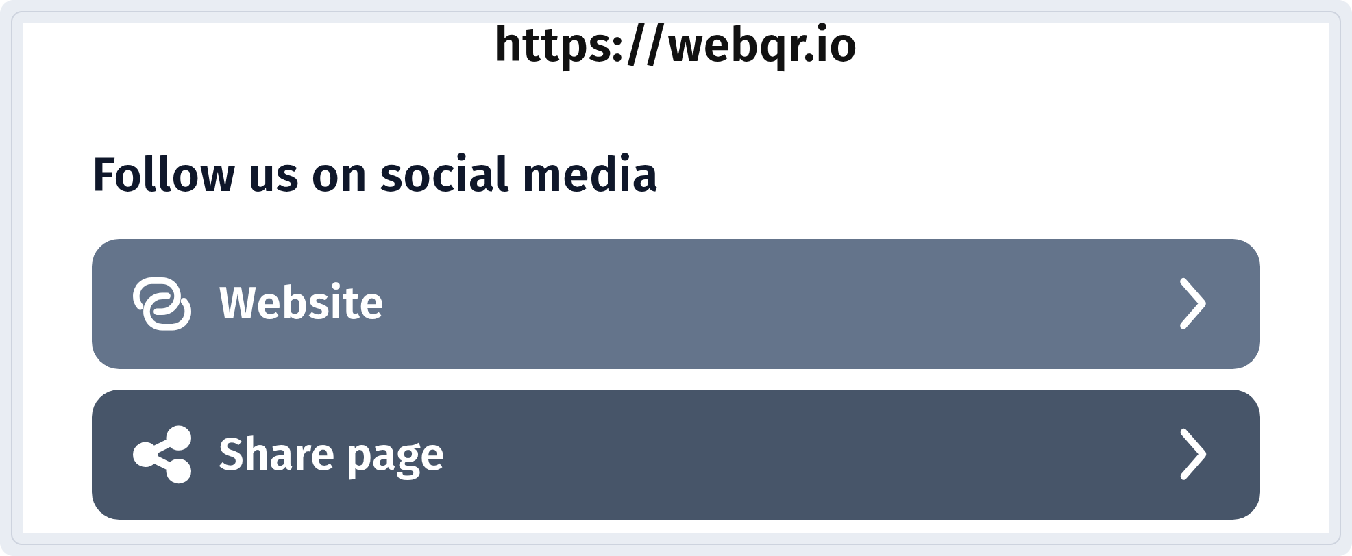 Bottom of the page with Follow us on social media, Website and Share page