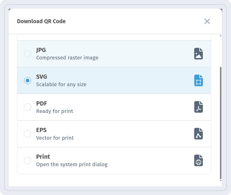 SVG selected, no Size row; PDF, EPS and Print below