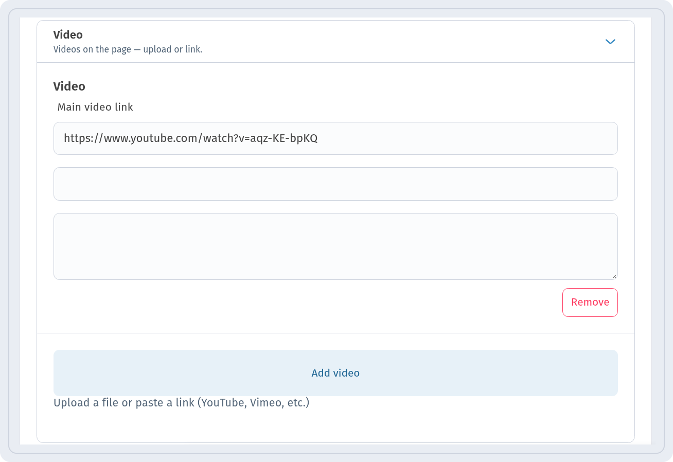 Video section with a YouTube link in the Main video link field and the Add video button