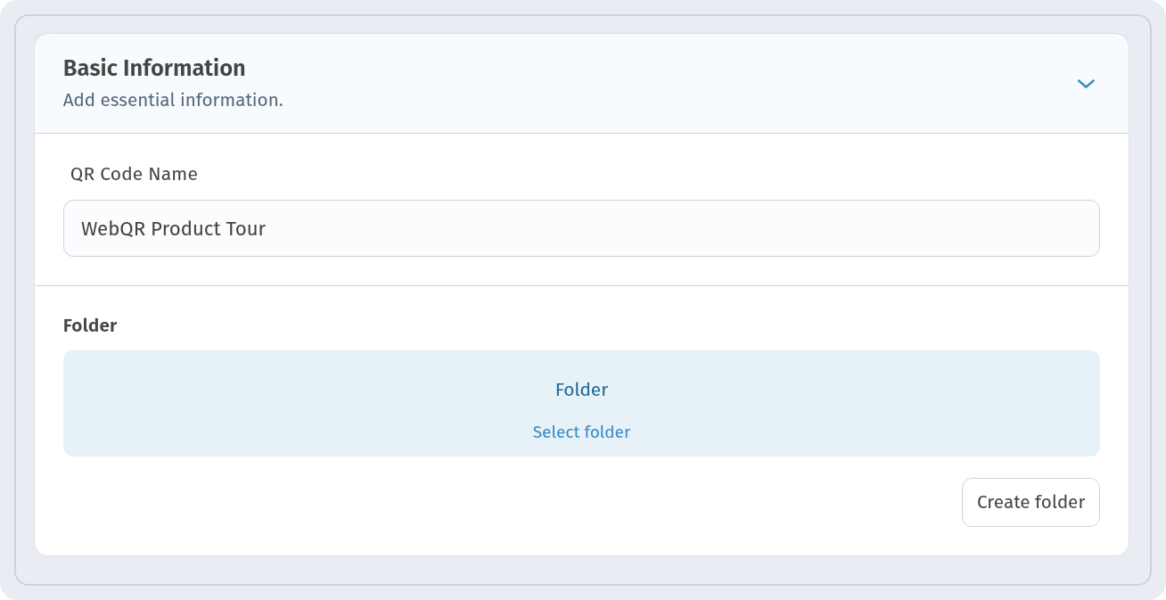 Settings step with the QR Code Name and Folder fields