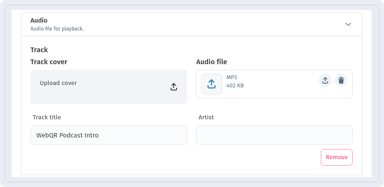 Track with Track cover, Audio file, Track title and Artist fields